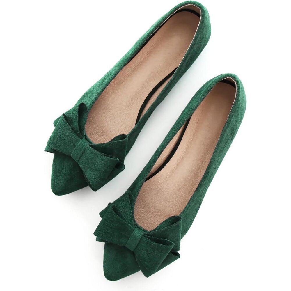 Women's Christmas Green Bowknot Ballet Flats Pointy Toe Casual Flat Shoes Suede - Picture 1 of 7